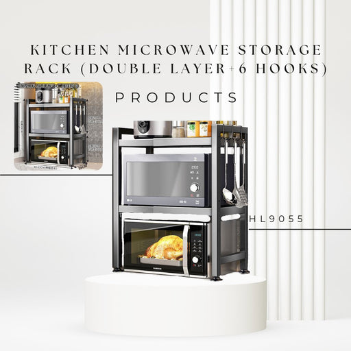 HL9055 Kitchen microwave storage rack (Double layer+6 hooks) - EDLE SDN. BHD.